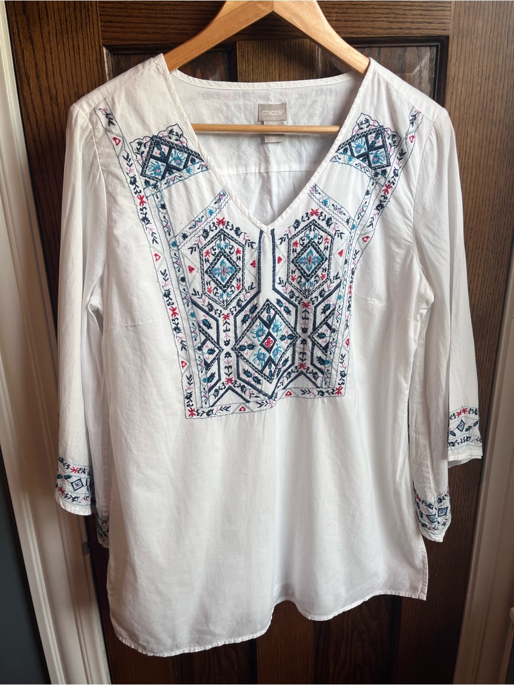 Chico's White Tunic with Navy and Teal Embroidery